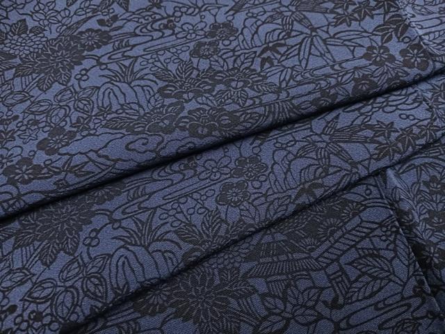 平和屋着物●上質な小紋　藍　型染め　風景草花文　正絹　逸品　AABF8114ph｜平和屋