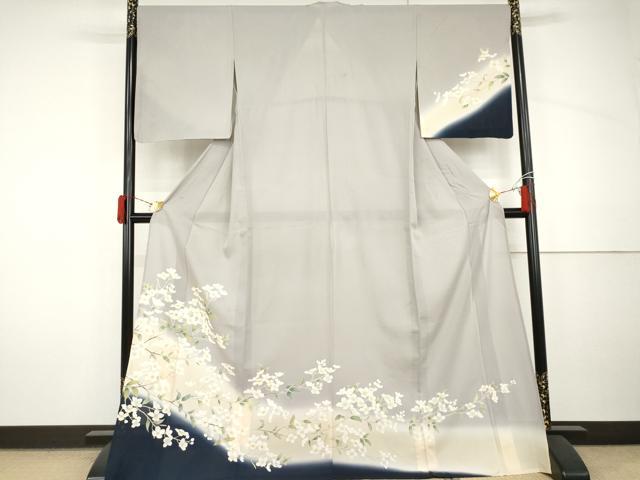 長閑やかさ屋御召しもの＊夏物 短い訪問着 絽 友禅 枝花文 暈し染め ロング丈 正絹 珠玉 AABJ0807cs