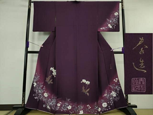 平和屋本店●極上 螺鈿作家 甲斐泰造 訪問着 胡蝶蘭 草花文 葡萄色地 金彩 逸品 DZAB7656kh6|平和屋