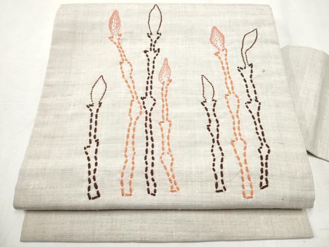 平和屋着物●中国三大刺繍　相良刺繍　総刺繍　九寸名古屋帯　作家物　紬地　つくし　正絹　逸品　CABB9397hy｜平和屋