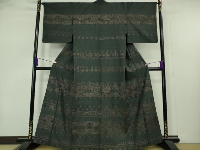 長閑やかさ屋中央局●御前上等 中国三大刺しゅう スワトウ刺しゅう 汕頭刺繍 総刺しゅう 短い訪問着 紬地 洋花文 高麗納戸色地 珠玉 DZAB2258kh6