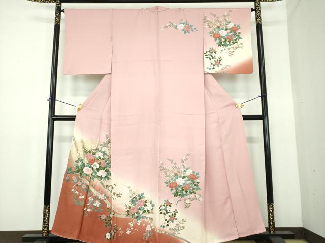 長閑やかさ屋御召しもの●短い訪問着 刺しゅう 被子植物文 暈し染め 金彩 正絹 珠玉 DABE5113ps