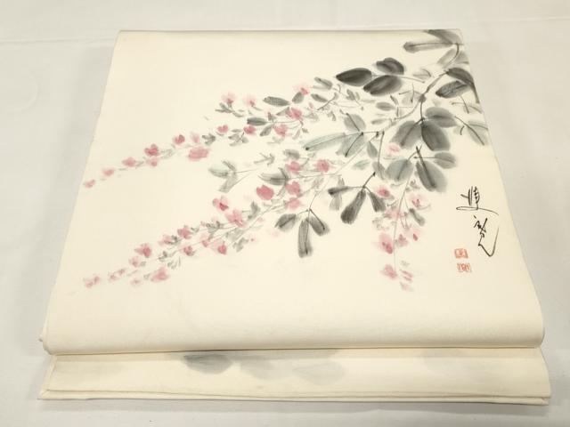 長閑やかさ屋御召しもの●塩瀬 九寸開き名古屋帯 絵描き物 墨付き 被子植物文 正絹 珠玉 CABE3711dy