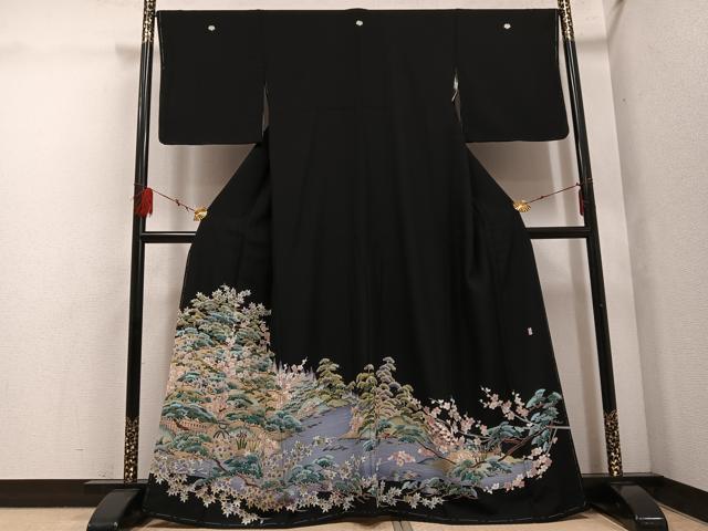 長閑やかさ屋お召しもの●晴れ晴れしい黒留袖 書き手物 松竹梅 正絹 珠玉 未当て嵌める AABF5351ph 着物-和服-レディースファッション