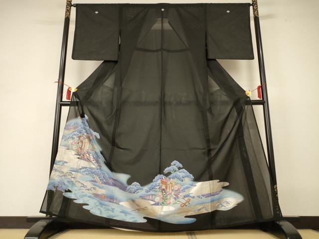 長閑やかさ屋御召しもの＊夏物 黒留袖 絽 立波御所車花文 暈し染め 現ナマ彩 洗える御召しもの AABI4720jd