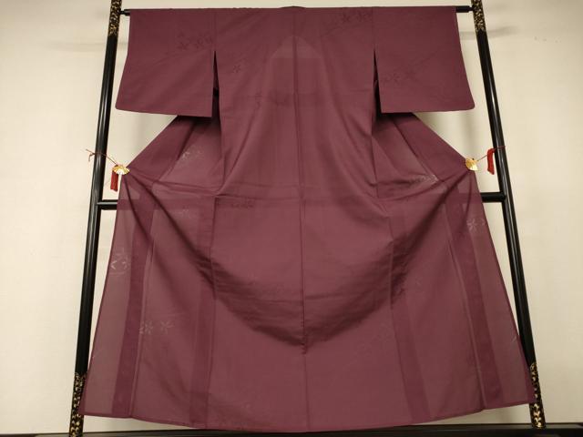 長閑やかさ屋御召しもの＊夏物 色無地 縦絽 芝花紋紗 紫セピア色 正絹 珠玉 AABI9964jd