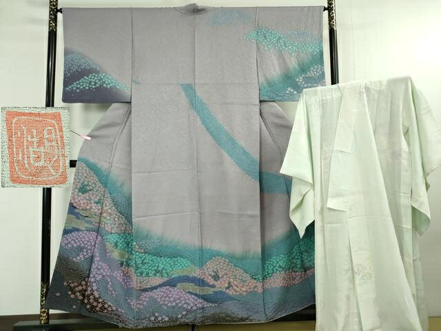 平和屋着物●極上 十日町 名門 滝泰謹製 訪問着・長襦袢セット おぼろ染め 襲絞り 相良刺繍 金糸 金通し地 反端付き 逸品 DZAB4683kh6｜平和屋