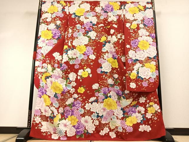 長閑やかさ屋御召しもの●晴れ晴れしい振袖 花蝶文 金彩 正絹 珠玉 AABH0598fy