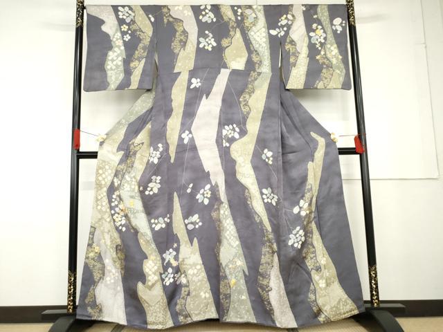 長閑やかさ屋御召しもの●短い訪問着 駒刺しゅう 絞り 吉祥枝花文 金彩 正絹 珠玉 AABG3502cs