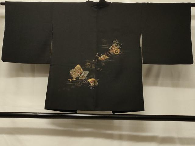 平和屋着物＃羽織　寿光織　冊子花車文　黒地　金銀糸　正絹　逸品　CABG8127in｜平和屋