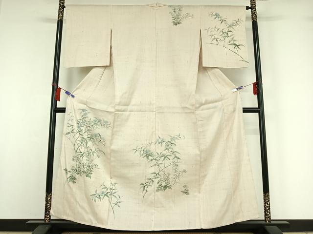 長閑やかさ屋御召しもの▽短い訪問着 単衣 生紬 手書き 枝花文 正絹 珠玉 AABH9794jh