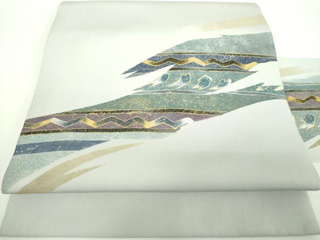 長閑やかさ屋御召しもの●塩瀬 九寸名古屋帯 絵描き物 横段文 現ナマ彩 正絹 珠玉 DABD1320ps