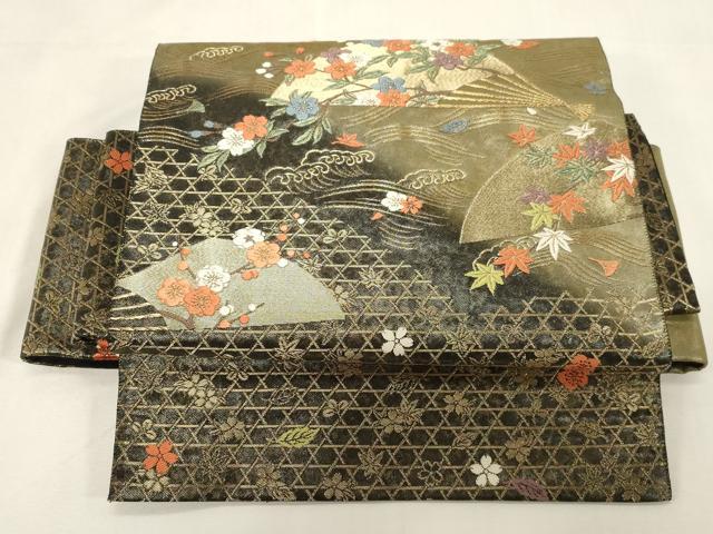 長閑やかさ屋お召しもの●つけ帯 唐織 扇華年月文様 金糸 引箔 正絹 珠玉 未当て嵌める CABG3126dy
