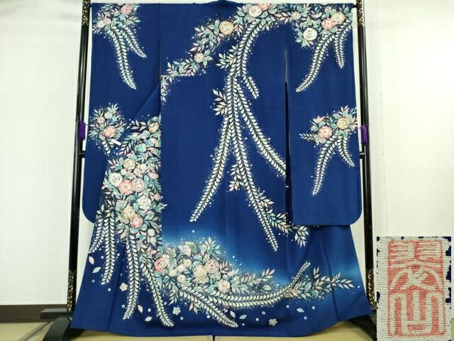 長閑やかさ屋中央局●より良い 越後十日町の第一級染匠 桐屋・翠山仕事場 振袖 辻が花 紺青色地 暈し染め 珠玉 DZAB6070kh6