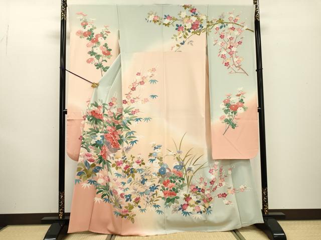 長閑やかさ屋御召しもの●晴れ晴れしい振袖 友禅 執筆者物 花鳥文 暈し染 正絹 珠玉 DABF2257鉄