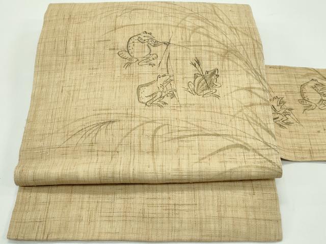 長閑やかさ屋御召しもの＊夏物 九寸名古屋帯 墨付き 毛の荒物ポンチ絵 麻 珠玉 CABF4747rv