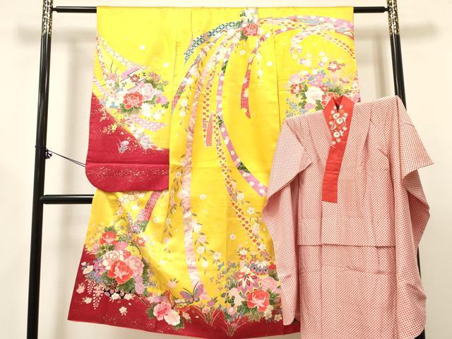 長閑やかさ屋御召しもの[]七五三 お嬢さん ７歳 祝着 四つ身 下着類(袷・半衿刺しゅう)書き割り 舞蝶割れ易い文 金彩 珠玉 DABE7092ma
