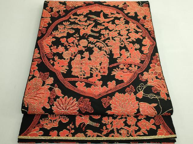 長閑やかさ屋中央局●最飛び切り 龍村平蔵製 膜鳴楽器柄 本袋帯 鏡華繍羅錦 黒地 金糸 珠玉 DZAB4813kh6