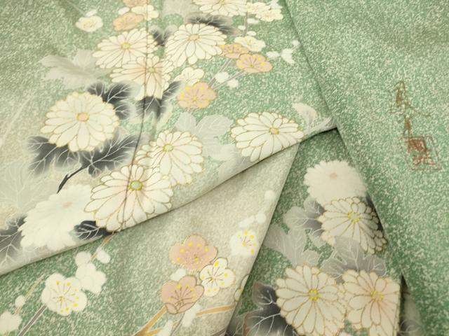 長閑やかさ屋御召しもの▽短い訪問着 単衣 絵描き物 枝花文 暈し染め 金彩 正絹 珠玉 DABE4348az