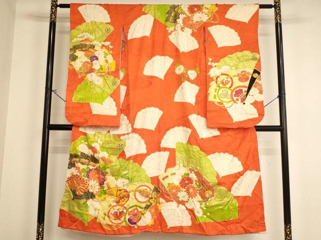 平和屋着物∵女の子　十三参り　子供　祝着　駒刺繍　扇面花文　金彩　逸品　AABI2820ja｜平和屋