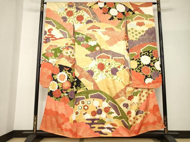 長閑やかさ屋御召しもの●晴れ晴れしい振袖 駒刺しゅう 雲重ね吉祥花文 金彩 正絹 珠玉 AABH9922ck