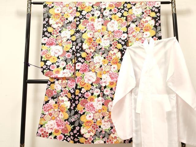 長閑やかさ屋お召しもの[]七五三 御姉さん ７歳 祝着 四つ身 肌付き(単衣)仕掛ける 雪輪花文 黒地 金彩 洗えるお召しもの DABC5497ma