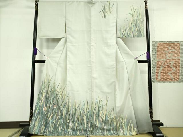 長閑やかさ屋中央局●御前上等 十日町 加賀植物友禅の王者 田村哲彦 牛首紬 白山細工所 手織り 短い訪問着 草葉に鳥類 そごうバス発着場取りまわし 珠玉 DZAB6101kh6