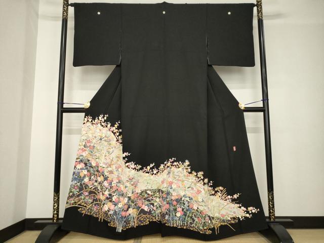 平和屋着物●豪華黒留袖 友禅 作家物 花鳥文 正絹 逸品 AABH4216ck|平和屋