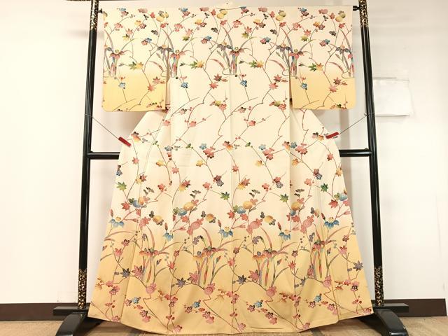 長閑やかさ屋お召しもの●短い訪問着 型染め 枝花文 暈し染め 正絹 珠玉 CABC9621vp