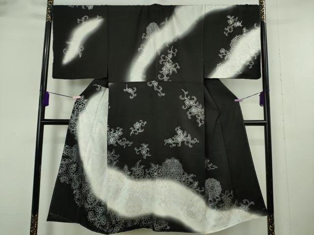 平和屋本店●希少 男性 訪問着 キングサイズ 胴抜き仕立て 駒刺繍 花唐草文 暈し染め 黒地 銀彩 逸品 未使用 DZAB6165kh6|平和屋