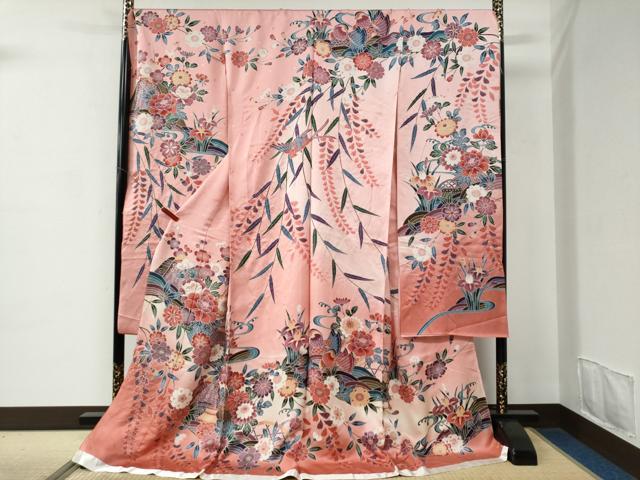長閑やかさ屋御召しもの●晴れ晴れしい振袖 型染め 九重の天解鴛鴦花文 暈し染め 仮絵羽 珠玉 未当て嵌める CABC6868yc