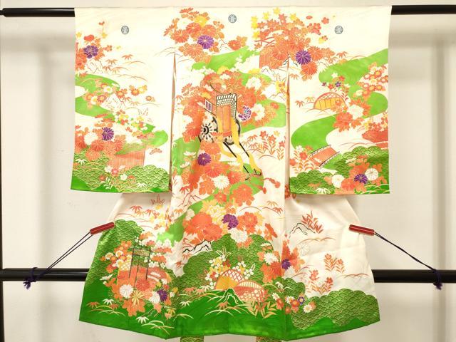 長閑やかさ屋御召しもの[]お宮参り お嬢さん 祝着 産着 初着 のしめ 駒刺しゅう 御所車籬花文 金彩 珠玉 DABE7143ma