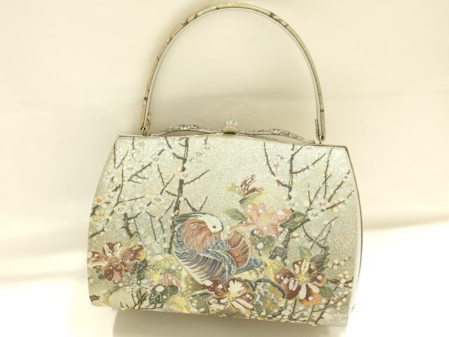 平和屋着物●和装小物 和装バッグ ハンドバッグ 枝花に休み鳥 鴛鴦 鶯 金糸 逸品 AABH6621ay|平和屋