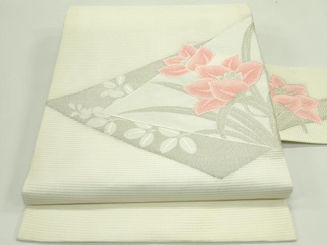 長閑やかさ屋御召しもの＊夏物 九寸名古屋帯 絽綴れ 顕花植物文 銀糸 正絹 珠玉 CABG7495rv