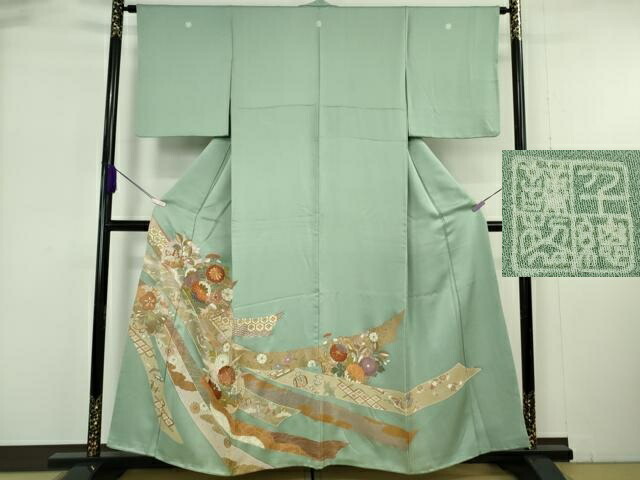 長閑やかさ屋中央局●より良い 築き上げる460年・千總 色留袖 駒刺しゅう 鬘帯雪輪花文 ワサビ色地 金彩 三越取りまわし 珠玉 DZAB6173kh6