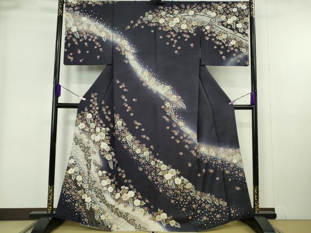 長閑やかさ屋中央局●より良い 中国三大刺しゅう 相良刺しゅう 短い訪問着 辻が花 藍鉄御納戸地 金糸 珠玉 DZAB6177kh6