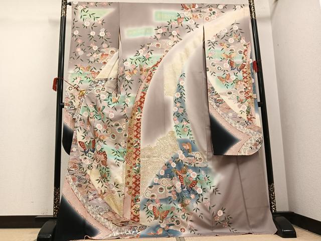 長閑やかさ屋御召しもの●晴れ晴れしい振袖 花蝶文 暈し染め 現ナマ彩 正絹 珠玉 AABI7418ph