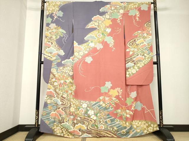 長閑やかさ屋御召しもの●晴れ晴れしい振袖 絵描き物 春峰 駒刺しゅう 松竹梅水流吉祥花文 金彩 正絹 珠玉 AABH4222ck