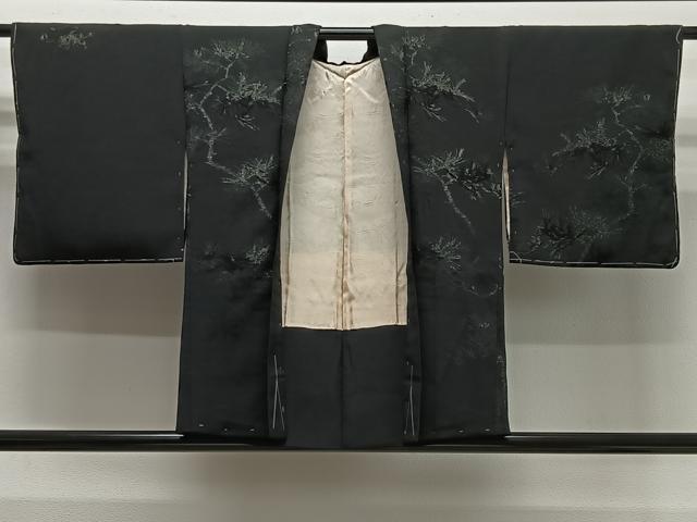 長閑やかさ屋御召しもの＃羽織 寿光織 三蓋松 黒地 銀糸 正絹 珠玉 未当て嵌める CABG3868ua