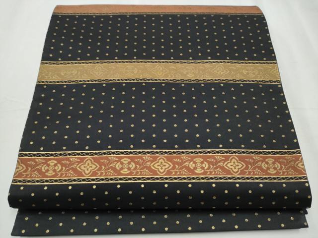 平和屋着物●六通柄袋帯 横段花文 黒地 金糸 正絹 逸品 CABC5556hy|平和屋
