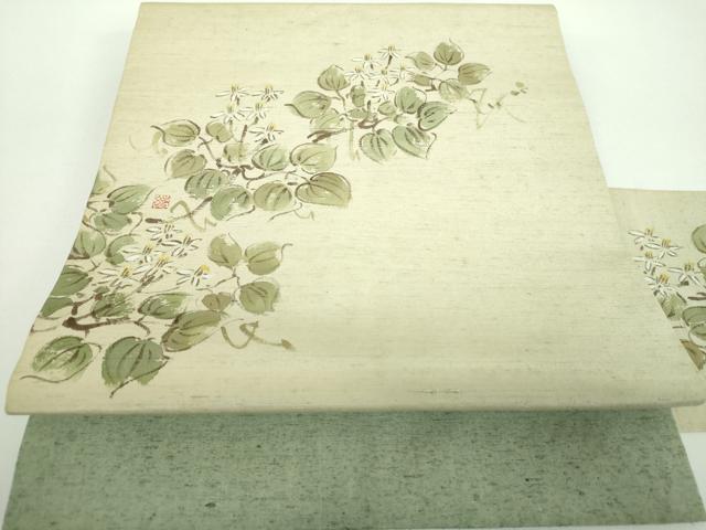 長閑やかさ屋御召しもの●九寸名古屋帯 紬地 絵描き物 墨付き 被子植物文 正絹 珠玉 DABD1332ps