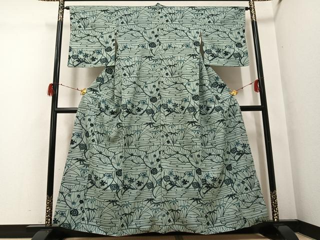 平和屋着物●上質な小紋 紬地 型染め 草花文 正絹 逸品 AABG8495ph|平和屋