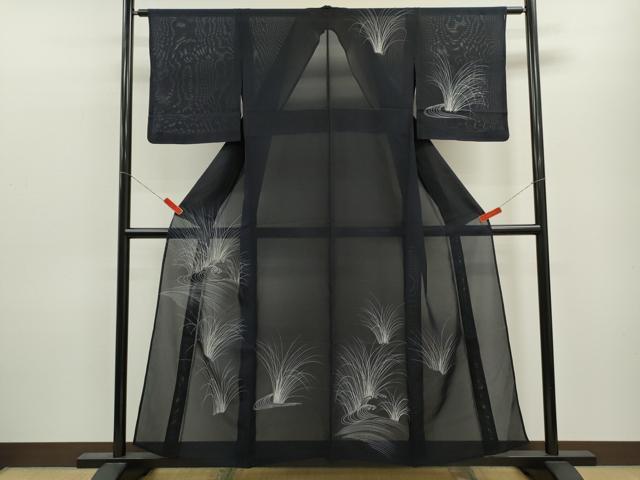 長閑やかさ屋御召しもの＊夏物 短い訪問着 絽 立波草文 黒地 正絹 珠玉 CABB9760ze
