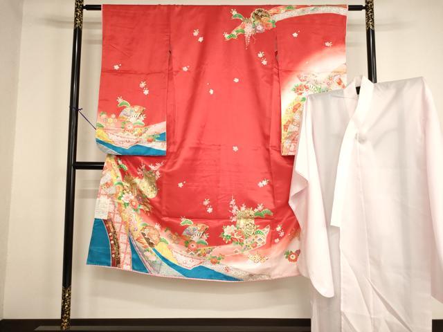長閑やかさ屋お召しもの[]七五三 御姉さん ７歳 祝着 四つ身 長襦袢（単衣）仕掛ける 御所車花文 暈し染め 金彩 AABH2916ja