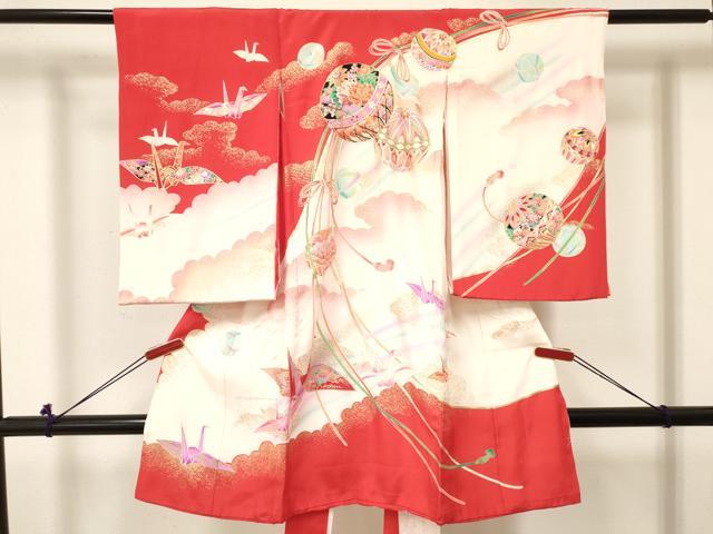 平和屋着物[]お宮参り　女の子　祝着　産着　初着　のしめ　折り鶴　鞠花文　暈し染め　金銀彩　逸品　DABC5508ma｜平和屋