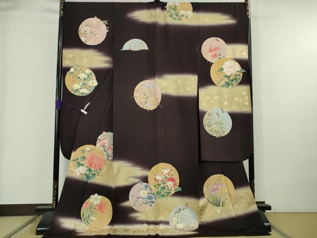 平和屋本店●極上　振袖　駒刺繍　四季花鳥丸文　濃い桑の実色地　暈し染め　金彩　逸品　DZAB6320kh6｜平和屋