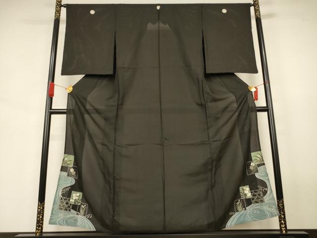 長閑やかさ屋お召しもの＊夏物 黒留袖 縦絽 刺しゅう 水筋色紙花文 金糸 正絹 珠玉 AABJ6378jd