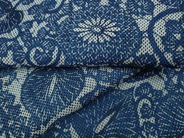 平和屋着物●上質な紬　本藍型絵染め　刺し子　葵唐草文　正絹　逸品　CABD0016ut｜平和屋
