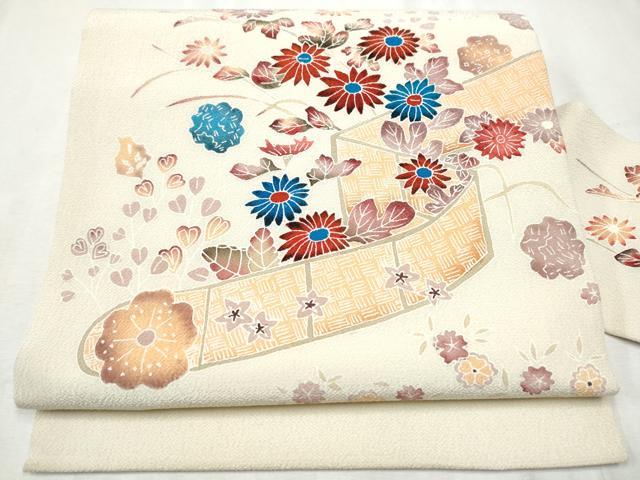 平和屋着物●九寸名古屋帯　型染め　舞花文　鬼しぼ縮緬　正絹　逸品　CABD0767hy｜平和屋