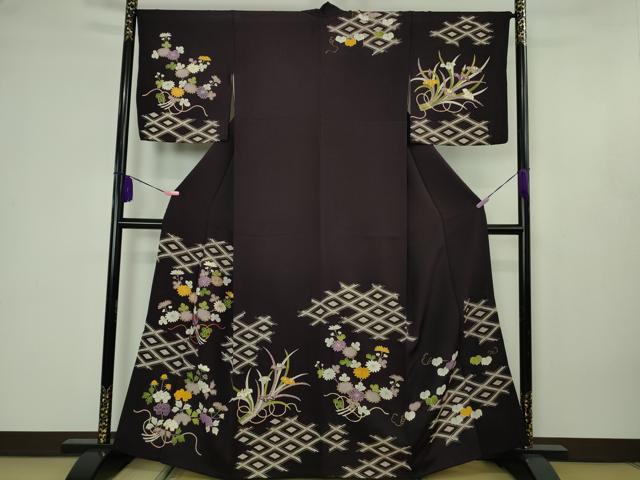 長閑やかさ屋中央局●より良い 芸術キモノ野口 短い訪問着 駒刺しゅう 胸花 紫黒いこと地 金彩 珠玉 DZAB4607kh6